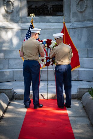 U.S. Marine Corps Col. Jimmy “J.J.” Wilson, the commanding officer of Special Purpose Marine Air-Ground Task Force-250, and Lt. Col. Michael Burke, executive officer of SPMAGTF-250, participates in a wreath laying ceremony at the Soldiers and Sailors Monument during Marine Week Boston, Aug. 22, 2025. The Marines held the ceremony for all Marines who paid the ultimate sacrifice in the Vietnam War. Marines stationed across the globe commemorate the 250th anniversary of the Marine Corps, honoring a distinguished legacy of service, sacrifice, and unwavering fidelity to both the nation and fellow Marines. (U.S. Marine Corps photo by Cpl. Vincent Needham)