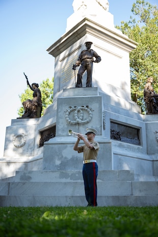 U.S. Marine Corps Cpl. Kristofer Cloward, a Marine musician from Special Purpose Marine Air Ground Task Force-250, performs “Taps” during a wreath laying ceremony at the Soldiers and Sailors Monument during Marine Week Boston, Aug. 22, 2025. The Marines held the ceremony for all Marines who paid the ultimate sacrifice in the Vietnam War. Marines stationed across the globe commemorate the 250th anniversary of the Marine Corps, honoring a distinguished legacy of service, sacrifice, and unwavering fidelity to both the nation and fellow Marines. (U.S. Marine Corps photo by Cpl. Vincent Needham)