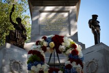 A wreath is placed at the Soldiers and Sailors Monument during Marine Week Boston, Aug. 22, 2025. The Marines held the ceremony for all Marines who paid the ultimate sacrifice in the Vietnam War. Marines stationed across the globe commemorate the 250th anniversary of the Marine Corps, honoring a distinguished legacy of service, sacrifice, and unwavering fidelity to both the nation and fellow Marines. (U.S. Marine Corps photo by Cpl. Vincent Needham)