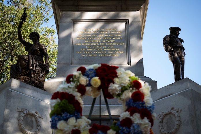 A wreath is placed at the Soldiers and Sailors Monument during Marine Week Boston, Aug. 22, 2025. The Marines held the ceremony for all Marines who paid the ultimate sacrifice in the Vietnam War. Marines stationed across the globe commemorate the 250th anniversary of the Marine Corps, honoring a distinguished legacy of service, sacrifice, and unwavering fidelity to both the nation and fellow Marines. (U.S. Marine Corps photo by Cpl. Vincent Needham)