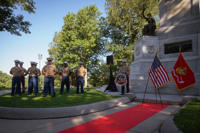 U.S. Marines with Special Purpose Marine Air-Ground Task Force-250 host a wreath laying ceremony at the Soldiers and Sailors Monument during Marine Week Boston, Aug. 22, 2025. The Marines held the ceremony for all Marines who paid the ultimate sacrifice in the Vietnam War. Marines stationed across the globe commemorate the 250th anniversary of the Marine Corps, honoring a distinguished legacy of service, sacrifice, and unwavering fidelity to both the nation and fellow Marines. (U.S. Marine Corps photo by Cpl. Vincent Needham)