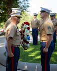 U.S. Marines with Special Purpose Marine Air-Ground Task Force-250 present the wreath during a wreath laying ceremony at the Soldiers and Sailors Monument during Marine Week Boston, Aug. 22, 2025. The Marines held the ceremony for all Marines who paid the ultimate sacrifice in the Vietnam War. Marines stationed across the globe commemorate the 250th anniversary of the Marine Corps, honoring a distinguished legacy of service, sacrifice, and unwavering fidelity to both the nation and fellow Marines. (U.S. Marine Corps photo by Cpl. Vincent Needham)