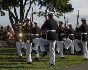 The United States Marine Corps Silent Drill Platoon, representing Marine Barracks Washington, performs during the Marblehead welcoming ceremony for Marine Week Boston in Marblehead, Massachusetts, Aug. 21, 2025. The year 2025 marks the 250th anniversary of the United States Marine Corps, a milestone that highlights the legacy, transformation and enduring spirit of the Corps since 1775. Throughout the year, Marines across the globe will commemorate this anniversary by honoring the service and sacrifice of those who served before them and by remaining faithful to the motto Semper Fidelis. (U.S. Marine Corps photo by Lance Cpl. Brynn L. Bouchard)