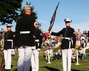 U.S. Marine Corps Lance Cpl. Trey Earls, rifleman with the Silent Drill Platoon, Marine Barracks Washington, is inspected during a drill sequence during the Marblehead welcoming ceremony for Marine Week Boston in Marblehead, Massachusetts, Aug. 21, 2025. The year 2025 marks the 250th anniversary of the United States Marine Corps, a milestone that highlights the legacy, transformation and enduring spirit of the Corps since 1775. Throughout the year, Marines across the globe will commemorate this anniversary by honoring the service and sacrifice of those who served before them and by remaining faithful to the motto Semper Fidelis. (U.S. Marine Corps photo by Lance Cpl. Brynn L. Bouchard)