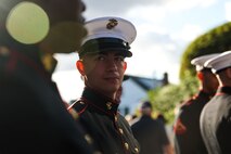 U.S. Marine Corps Lance Cpl. Jack Pierce, rifleman with the Silent Drill Platoon, Marine Barracks Washington, speaks with fellow platoon members after performing at the Marblehead welcoming ceremony for Marine Week Boston in Marblehead, Massachusetts, Aug. 21, 2025. The year 2025 marks the 250th anniversary of the United States Marine Corps, a milestone that highlights the legacy, transformation and enduring spirit of the Corps since 1775. Throughout the year, Marines across the globe will commemorate this anniversary by honoring the service and sacrifice of those who served before them and by remaining faithful to the motto Semper Fidelis. (U.S. Marine Corps photo by Lance Cpl. Brynn L. Bouchard)