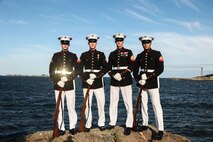 U.S. Marines with the Silent Drill Platoon, representing Marine Barracks Washington, pose for a photo during Marine Week Boston in Marblehead, Massachusetts, Aug. 21, 2025. The year 2025 marks the 250th anniversary of the United States Marine Corps, a milestone that highlights the legacy, transformation and enduring spirit of the Corps since 1775. Throughout the year, Marines across the globe will commemorate this anniversary by honoring the service and sacrifice of those who served before them and by remaining faithful to the motto Semper Fidelis. (U.S. Marine Corps photo by Lance Cpl. Brynn L. Bouchard)