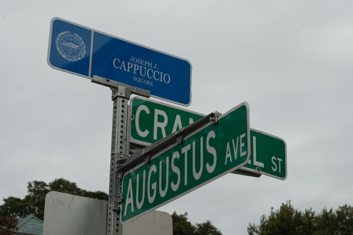 Joseph J. Cappuccio Square was renamed in honor of U.S. Marine Corps Cpl. Joseph J. Cappuccio, who served in the Battle of Iwo Jima, Aug. 21, 2025. As the Marine Corps marks its 250th year, Marines worldwide observe this historic milestone, paying tribute to generations of valor, duty, and the enduring spirit of Semper Fidelis. (U.S. Marine Corps photo by Lance Cpl. Matthew A. McDonnell)