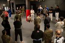 U.S. Marines assigned to Special Purpose Marine Air-Ground Task Force-250 attend a martial arts collaboration at Broadway Jiu-Jitsu during Marine Week Boston, Aug. 22, 2025. Marines stationed across the globe commemorate the 250th anniversary of the Marine Corps, honoring a distinguished legacy of service, sacrifice, and unwavering fidelity to both the nation and fellow Marines. (U.S. Marine Corps photo by Cpl. Vincent Needham)