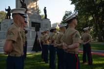 U.S. Marines assigned to Special Purpose Marine Air-Ground Task Force- 250, participate in a wreath laying ceremony at the Soldiers and Sailors Monument during Marine Week Boston, Aug. 23, 2025. The Marines held the ceremony for Sgt. Johanny Rosario Pichardo, a native of Lawrence, Mass., who made the ultimate sacrifice among 13 service members when a suicide bomber detonated outside Abbey Gate of Hamid Karzai International Airport in Kabul on Aug. 26, 2021. Marines stationed across the globe commemorate the 250th anniversary of the Marine Corps, honoring a distinguished legacy of service, sacrifice, and unwavering fidelity to both the nation and fellow Marines. (U.S. Marine Corps photo by Matthew. A. McDonnell)