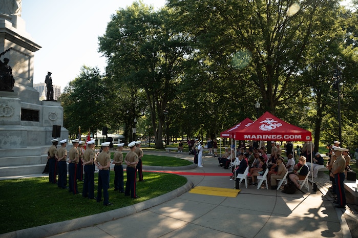 U.S. Marines assigned to Special Purpose Marine Air-Ground Task Force- 250 participate in a wreath laying ceremony at the Soldiers and Sailors Monument during Marine Week Boston, Aug. 23, 2025. The Marines held the ceremony for Sgt. Johanny Rosario Pichardo, a native of Lawrence, Mass., who made the ultimate sacrifice among 13 service members when a suicide bomber detonated outside Abbey Gate of Hamid Karzai International Airport in Kabul on Aug. 26, 2021. Marines stationed across the globe commemorate the 250th anniversary of the Marine Corps, honoring a distinguished legacy of service, sacrifice, and unwavering fidelity to both the nation and fellow Marines. (U.S. Marine Corps photo by Matthew. A. McDonnell)