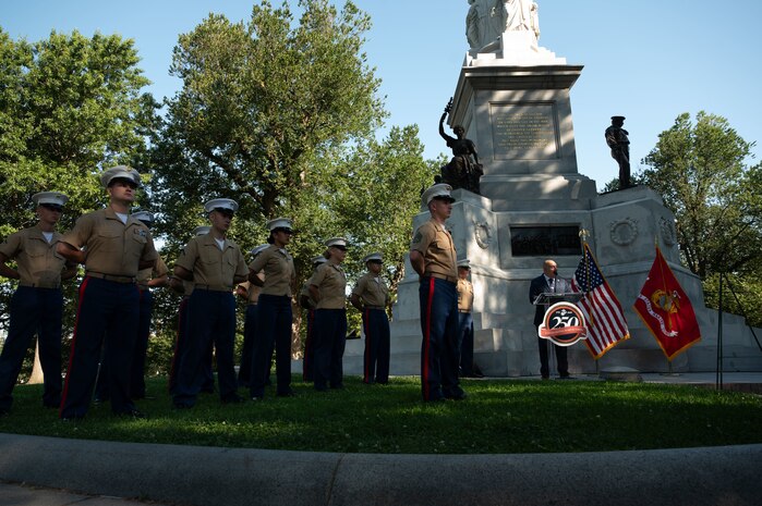 U.S. Marines assigned to Special Purpose Marine Air-Ground Task Force- 250 participate in a wreath laying ceremony at Soldiers and Sailors Monument during Marine Week Boston, Aug. 23, 2025. The Marines held the ceremony for Sgt. Johanny Rosario Pichardo, a native of Lawrence, Mass., who made the ultimate sacrifice among 13 service members when a suicide bomber detonated outside Abbey Gate of Hamid Karzai International Airport in Kabul on Aug. 26, 2021. Marines stationed across the globe commemorate the 250th anniversary of the Marine Corps, honoring a distinguished legacy of service, sacrifice, and unwavering fidelity to both the nation and fellow Marines. (U.S. Marine Corps photo by Matthew. A. McDonnell)