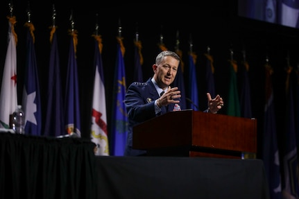 Air Force Gen. Dan Caine, Chairman of the Joint Chiefs of Staff, addresses attendees of the 147th National Guard Association of the United States General Conference, Milwaukee, Wisconsin, Aug. 23, 2025.