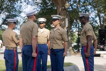 U.S. Marine Corps Lance Cpl. Olivia Goodnight, a motor vehicle operator assigned to Special Purpose Marine Air-Ground Task Force-250, receives the Navy Achievement Medal at the Soldiers and Sailors Monument during Marine Week Boston, Aug. 24, 2025. Marines and Sailors are awarded a NAM based on performance or achievements within their unit. Marines stationed across the globe commemorate the 250th anniversary of the Marine Corps, honoring a distinguished legacy of service, sacrifice, and unwavering fidelity to both the nation and fellow Marines. (U.S. Marine Corps photo by Cpl. Anakin Smith)