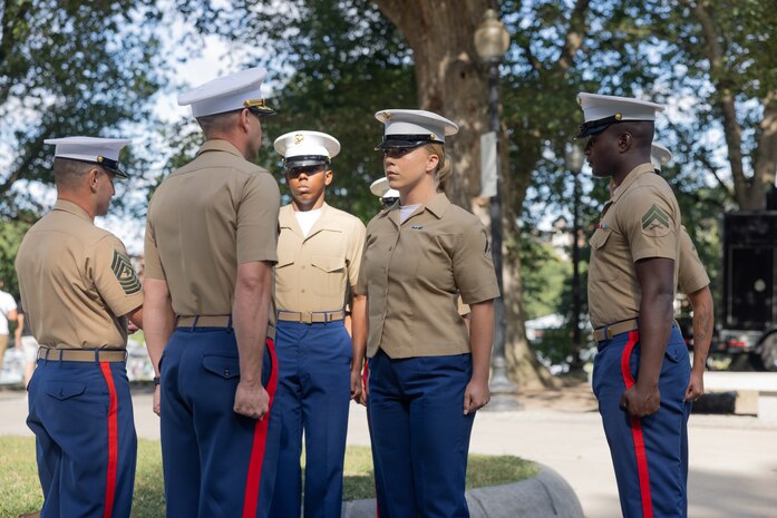 U.S. Marine Corps Lance Cpl. Olivia Goodnight, a motor vehicle operator assigned to Special Purpose Marine Air-Ground Task Force-250, receives the Navy Achievement Medal at the Soldiers and Sailors Monument during Marine Week Boston, Aug. 24, 2025. Marines and Sailors are awarded a NAM based on performance or achievements within their unit. Marines stationed across the globe commemorate the 250th anniversary of the Marine Corps, honoring a distinguished legacy of service, sacrifice, and unwavering fidelity to both the nation and fellow Marines. (U.S. Marine Corps photo by Cpl. Anakin Smith)