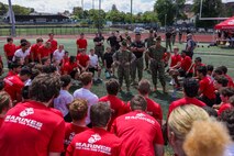 U.S. Marine Corps drill instructors with Marine Corps Recruit Depot Parris Island, give remarks to poolees with Recruiting Station Boston during Marine Week Boston, Aug. 24, 2025. Pool Functions are held to build camaraderie while preparing future Marines for the mental and physical rigors of recruit training. Marines stationed across the globe commemorate the 250th anniversary of the Marine Corps, honoring a distinguished legacy of service, sacrifice, and unwavering fidelity to both the nation and fellow Marines. (U.S. Marine Corps photo by Sgt. Aidan Hekker)