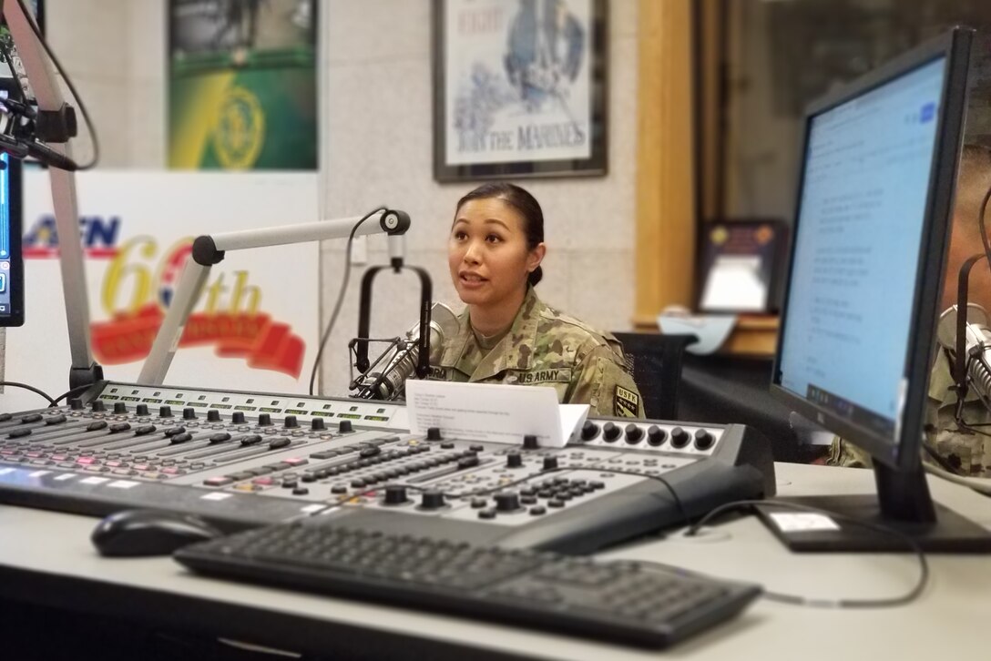 Maj. Karen Deloria, a Japanese-language trained foreign area officer assigned to U.S. Forces Korea, talks live on air on the American Forces Network Jan. 25 at Camp Humphreys, South Korea, about the U.S. Army’s opportunities to serve as a FAO.