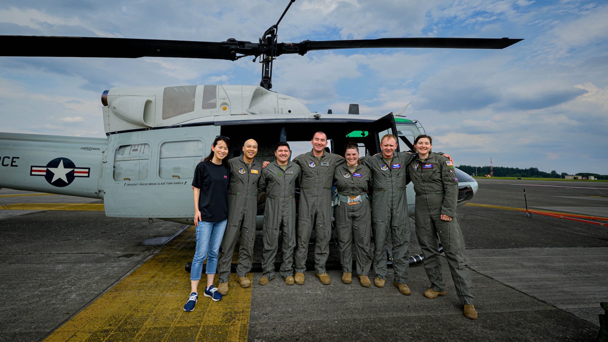 U.S. Air Force members assigned to the 459th Airlift Squadron pose for a group photo before departing Niigata Air Base, Aug. 9, 2025. The 459 AS visited the base to commemorate their long-standing partnership with the Japan Air Self-Defense Force Air Rescue Squadron and highlight the importance of strong bilateral ties and continued cooperation.
