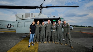 U.S. Air Force members assigned to the 459th Airlift Squadron pose for a group photo before departing Niigata Air Base, Aug. 9, 2025. The 459 AS visited the base to commemorate their long-standing partnership with the Japan Air Self-Defense Force Air Rescue Squadron and highlight the importance of strong bilateral ties and continued cooperation.