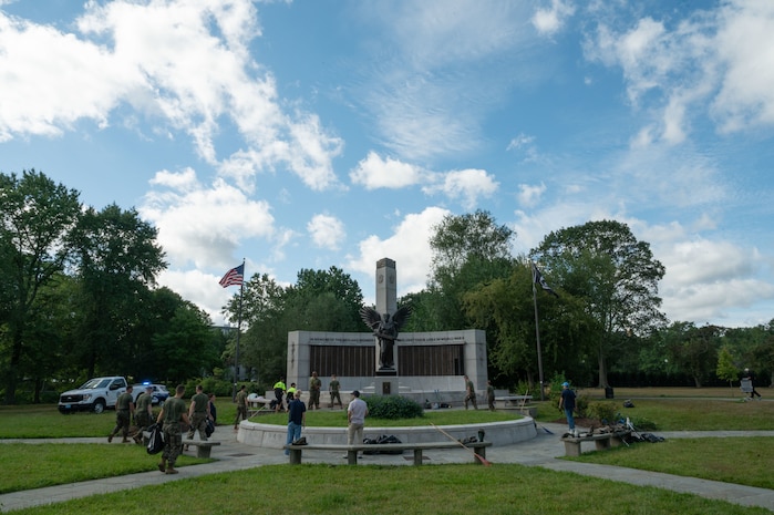 U.S. Marines assigned to Special Purpose Marine Air-Ground Task Force-250 take part in restoring the World War II Memorial, Back Bay Fens park, during Marine Week Boston, Aug. 24, 2025. Marines stationed across the globe commemorate the 250th anniversary of the Marine Corps, honoring a distinguished legacy of service, sacrifice, and unwavering fidelity to both the nation and fellow Marines. (U.S. Marine Corps photo by Matthew A. McDonnell)