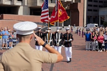 U.S. Marines assigned to Special Purpose Marine Air-Ground Task Force-250 participate in a commemoration ceremony during Marine Week Boston at the Boston City Hall Plaza, Aug. 24, 2025. Marines stationed across the globe commemorate the 250th anniversary of the Marine Corps, honoring a distinguished legacy of service, sacrifice, and unwavering fidelity to both the nation and fellow Marines. (U.S. Marine Corps photo by Lance Cpl. Orlanys Diaz Figueroa)