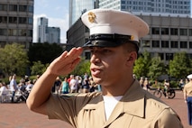 U.S. Marine Corps Sgt. Felype Limas, a network administrator assigned to Special Purpose Marine Air-Ground Task Force-250, participates in a commemoration ceremony during Marine Week Boston at the Boston City Hall Plaza, Aug. 24, 2025. Marines stationed across the globe commemorate the 250th anniversary of the Marine Corps, honoring a distinguished legacy of service, sacrifice, and unwavering fidelity to both the nation and fellow Marines. (U.S. Marine Corps photo by Lance Cpl. Orlanys Diaz Figueroa)