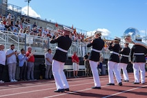 U.S. Marines with the Quantico Marine Band perform for Marines, veterans, poolees and guests in celebration of the Marine Corps’ 250th birthday during Marine Week Boston, Aug. 24, 2025. Marines with Marine Corps Recruiting Command share their traditions with local high schools in honor of the Corps’ 250th birthday. In celebration of 250 years of proud tradition, Marines around the world unite to honor their shared heritage - a legacy defined by honor, courage, and commitment. (U.S. Marine Corps photo by Sgt. Aidan Hekker)
