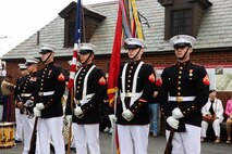 The official United States Marine Corps Color Guard with Marine Barracks Washington prepares to present the colors during the Marblehead welcoming ceremony for Marine Week Boston in Marblehead, Massachusetts, Aug. 21, 2025. The year 2025 marks the 250th anniversary of the United States Marine Corps, a milestone that highlights the legacy, transformation and enduring spirit of the Corps since 1775. Throughout the year, Marines across the globe will commemorate this anniversary by honoring the service and sacrifice of those who served before them and by remaining faithful to the motto Semper Fidelis. (U.S. Marine Corps photo by Lance Cpl. Brynn L. Bouchard)