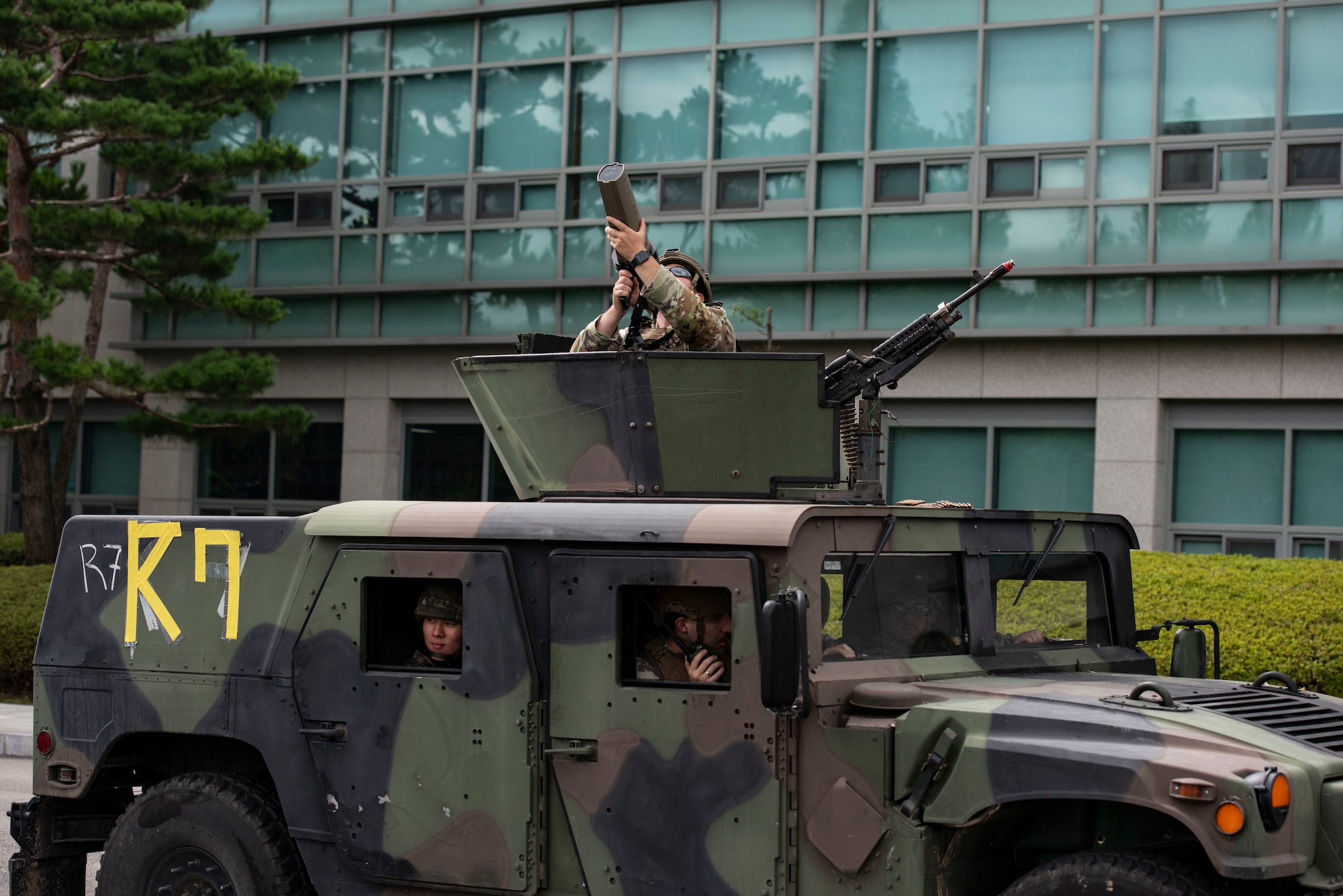 An integrated patrol of U.S. Air Force and Republic of Korea Air Force Airmen engage a drone carrying a simulated munition during Ulchi Freedom Shield 25 at Osan Air Base, ROK, Aug. 19, 2025