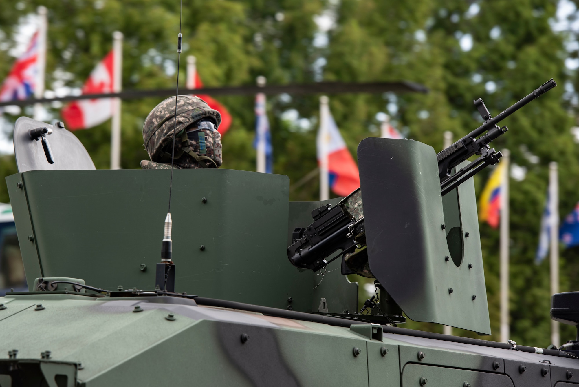 A Republic of Korea Air Force service member watches the sky for small unmanned aircraft systems threats during Ulchi Freedom Shield 25 at Osan Air Base, ROK, Aug. 19, 2025.