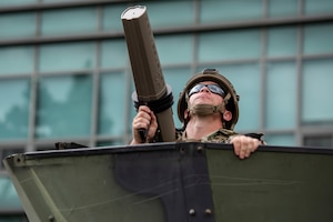 A U.S. Air Force Airman, assigned to the 51st Security Forces Squadron, watches the sky for small unmanned aircraft systems threats during Ulchi Freedom Shield 25 at Osan Air Base, Republic of Korea, Aug. 19, 2025.