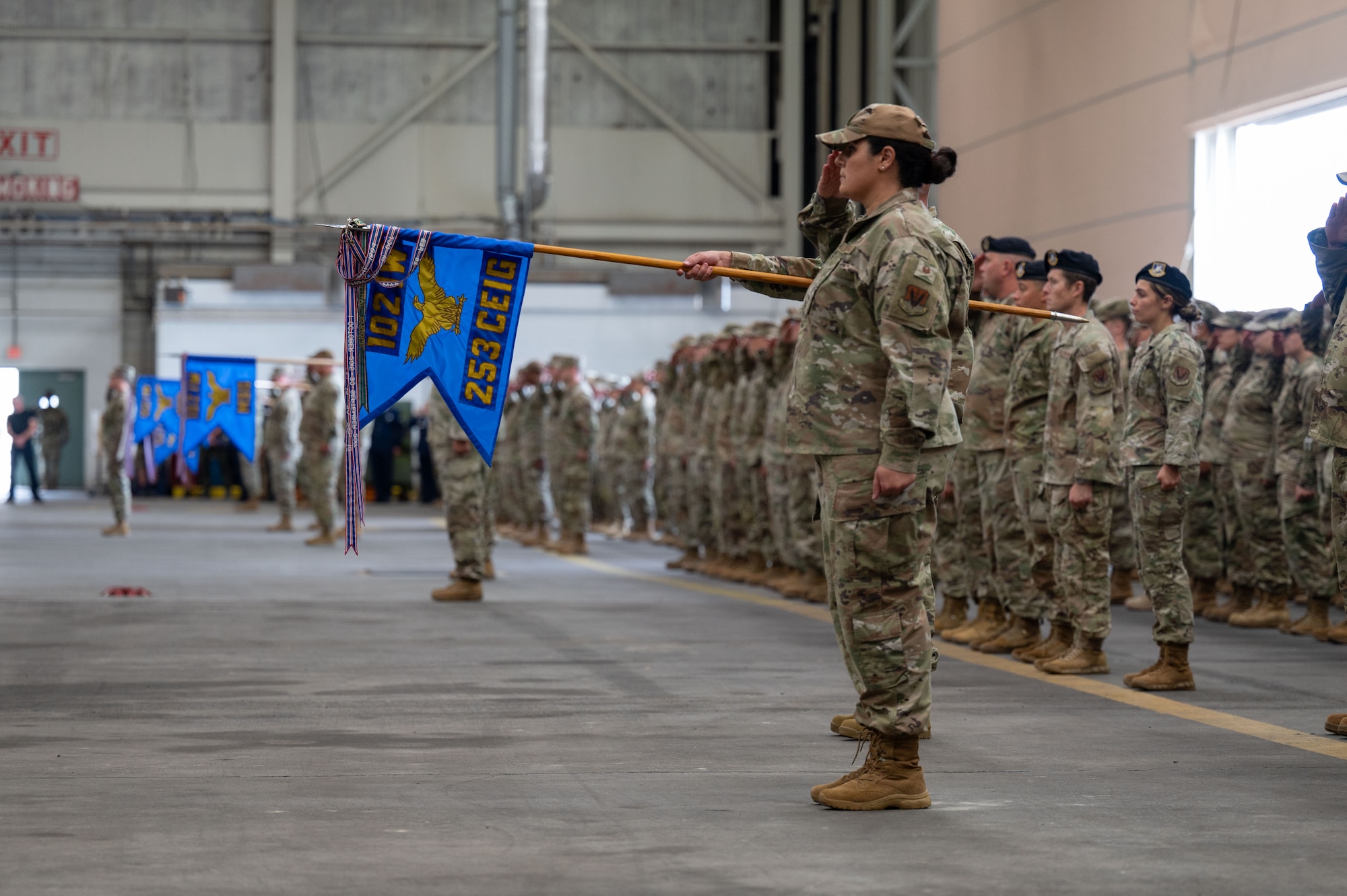 Airmen stand at attention in formation.