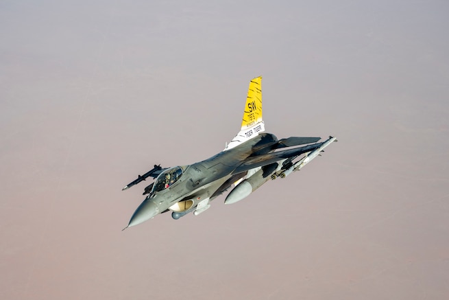 A U.S. Air Force F-16C Fighting Falcon departs after refueling with a KC-135 Stratotanker over the U.S. Central Command area of responsibility, July 29, 2025. As a highly maneuverable and agile platform with a proven record in air-to-air combat and air-to-ground attack, the Fighting Falcon is well-equipped to engage with threats to regional security and deter further aggression in the AOR. (U.S. Air Force photo by Senior Airman Keegan Putman)