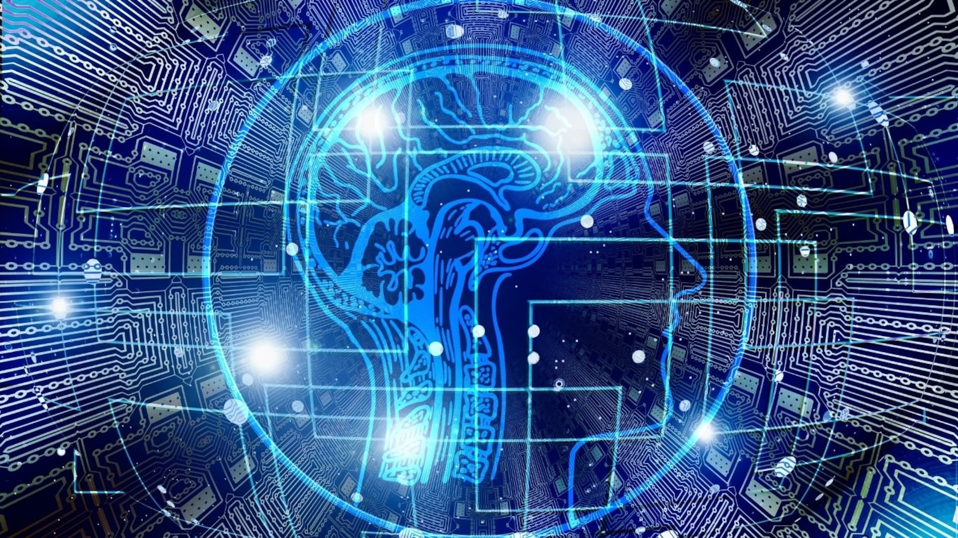 Digital illustration of a human head profile with a glowing brain composed of circuitry, overlaid on a digital background of electronic circuits, symbolizing artificial intelligence and the fusion of technology with the human mind.