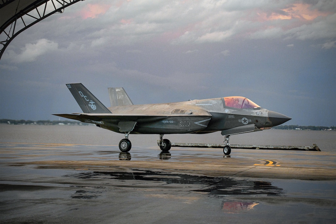 JACKSONVILLE, Fla. (Aug. 07, 2024) An F-35B Lightning II assigned to Marine Fighter Attack Squadron 122 at Yuma, Ariz., prepares to park after landing at Naval Air Station Jacksonville as part of the aircraft’s temporary transfer to Fleet Readiness Center Southeast (FRCSE). The jet is the first F-35 ever inducted into the depot and is part of a readiness improvement initiative to support corrosion mitigation efforts for the U.S. Marine Corps (USMC). (U.S. Navy photo by Toiete Jackson/Released)