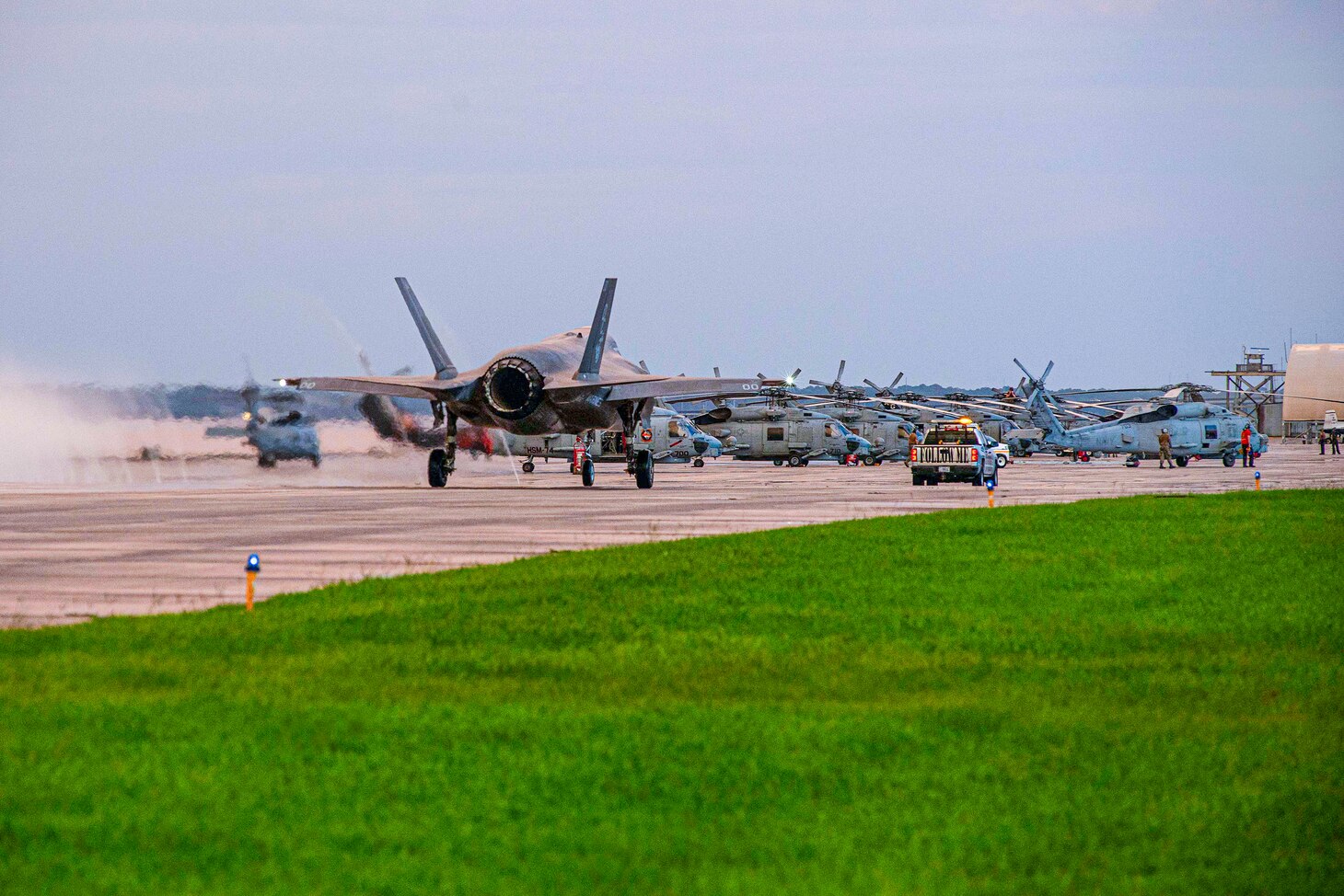 JACKSONVILLE, Fla. (Aug. 07, 2024) An F-35B Lightning II assigned to Marine Fighter Attack Squadron 122 at Yuma, Ariz., taxis after landing at Naval Air Station Jacksonville as part of the aircraft’s temporary transfer to Fleet Readiness Center Southeast (FRCSE). The jet is the first F-35 ever inducted into the depot and is part of a readiness improvement initiative to support corrosion mitigation efforts for the U.S. Marine Corps (USMC). (U.S. Navy photo by Ashley Sherman/Released)