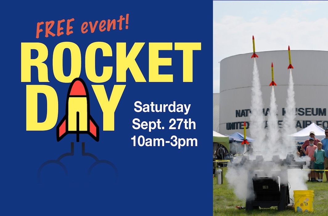 Rockets launching on the front lawn of the museum with kids and adults watching