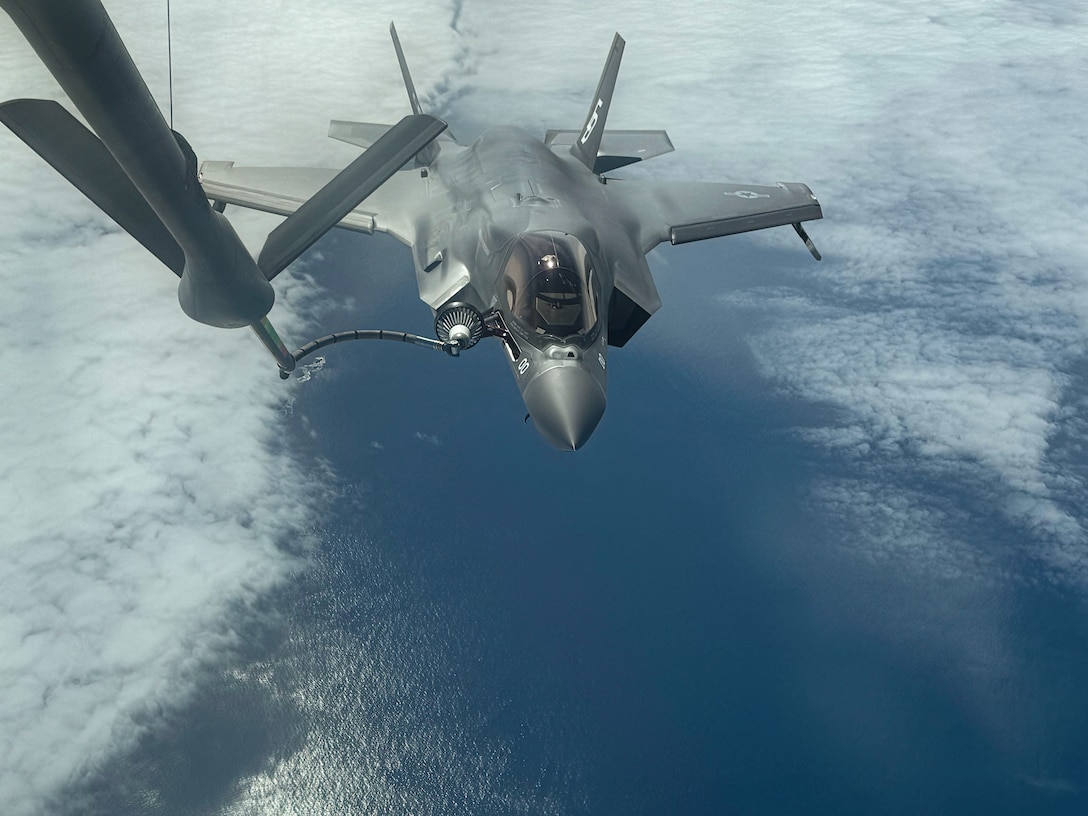A U.S. Marine Corps F-35B Lightning II assigned to Marine Fighter Attack Squadron (VMFA) 533, Marine Aircraft Group 31, 2nd Marine Aircraft Wing, refuels en route to Joint Base Elmendorf-Richardson, Alaska, for ARCTIC EDGE 2025 (AE25), Aug. 8, 2025. AE25 is a NORAD and U.S. Northern Command-led homeland defense exercise designed to improve readiness, demonstrate capabilities, and enhance Joint and Allied Force interoperability in the Arctic. (U.S. Marine Corps photo by Capt. Ernie Drake)