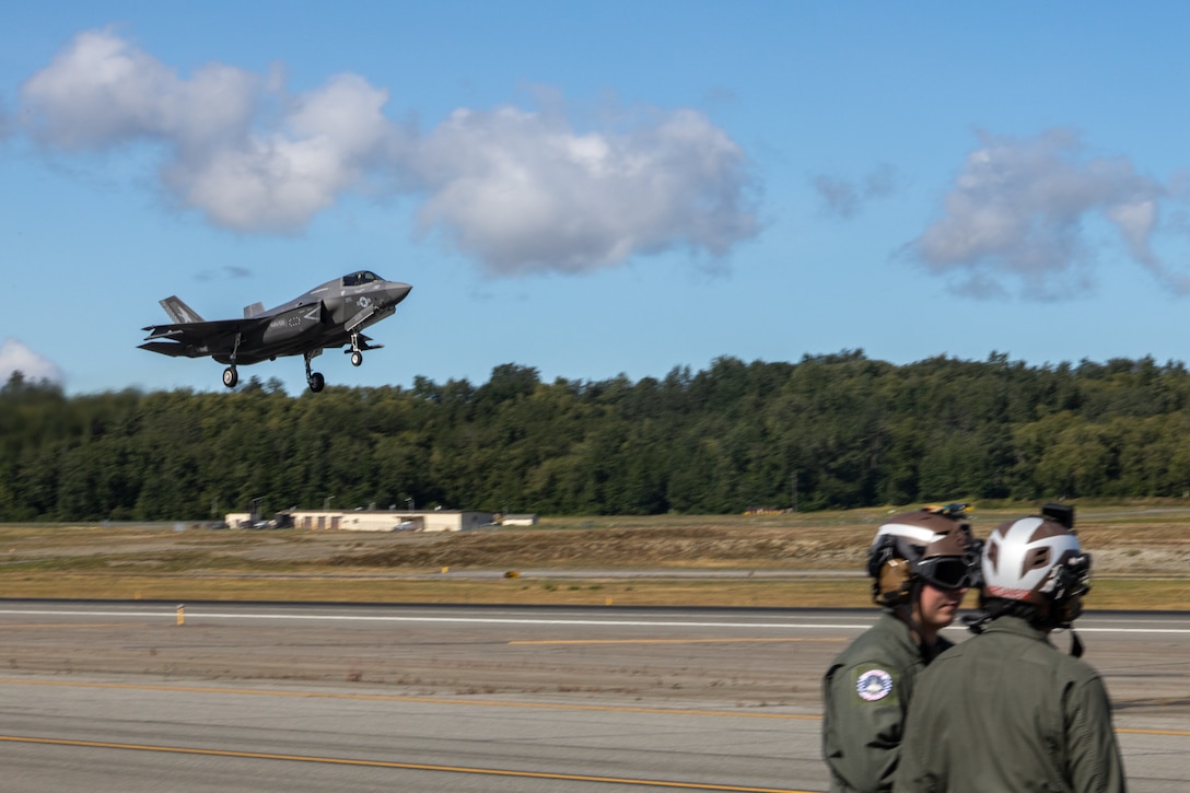 A U.S. Marine Corps F-35 B Lightning II, attached to Marine Fighter Attack Squadron (VMFA) 533, Marine Aircraft Group 31, 2nd Marine Aircraft Wing, takes off  from Joint Base Elmendorf-Richardson, Alaska