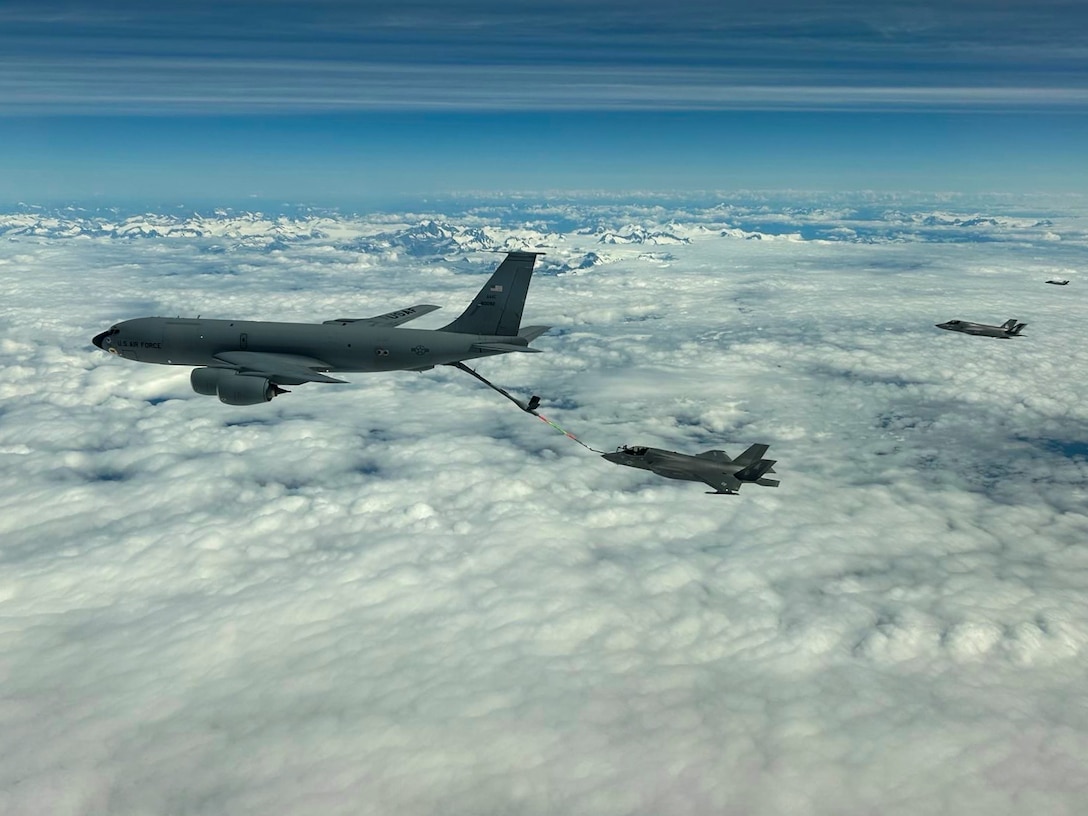 A U.S. Marine Corps F-35B Lightning II assigned to Marine Fighter Attack Squadron (VMFA) 533, Marine Aircraft Group 31, 2nd Marine Aircraft Wing, refuels
