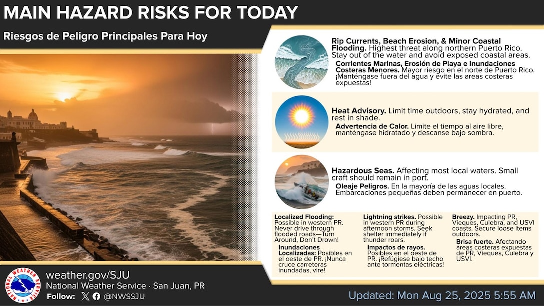 National Weather Service, San Juan, Puerto Rico main hazards risks graphic for Puerto Rico and the U.S. Virgin Islands Aug. 25, 2025. (Courtesy graphic)