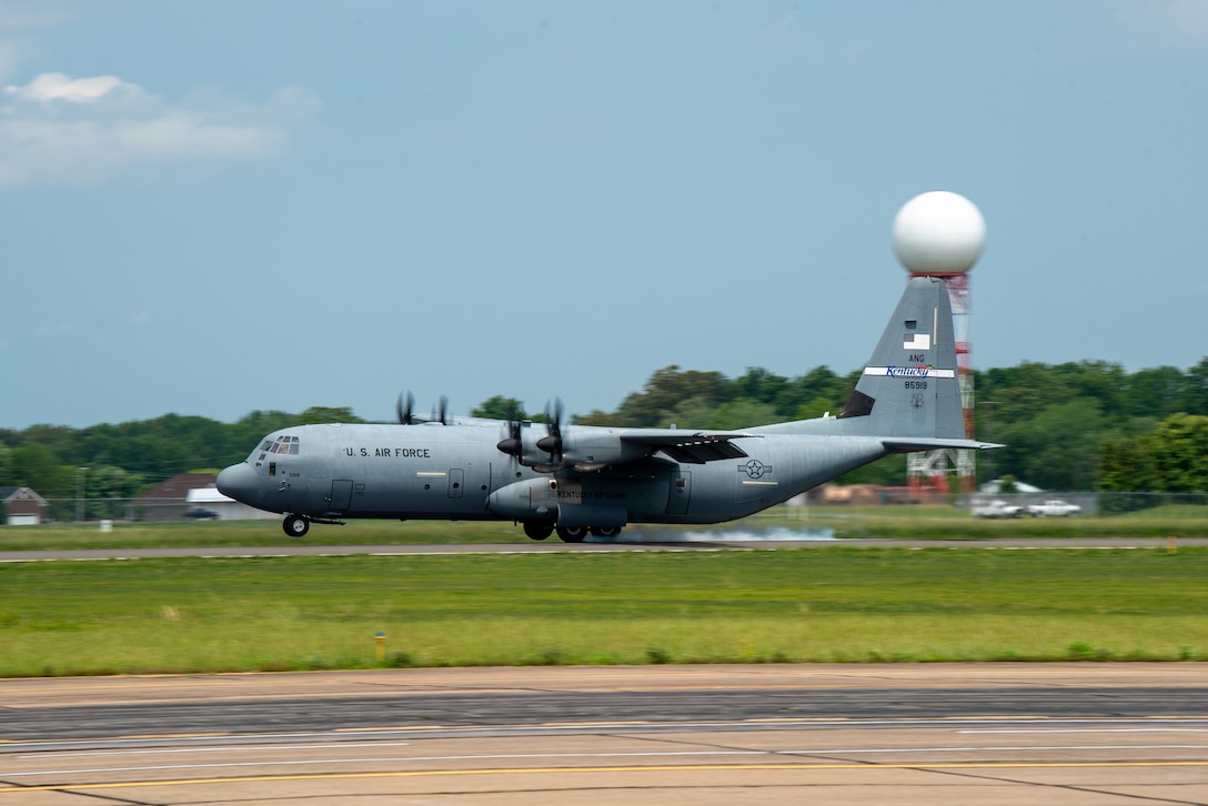 A Kentucky Air National Guard C-130J Super Hercules lands at Barkley Regional Airport in Paducah, Kentucky, May 14, 2025, in support of Exercise Grindstone, an earthquake-response scenario.
