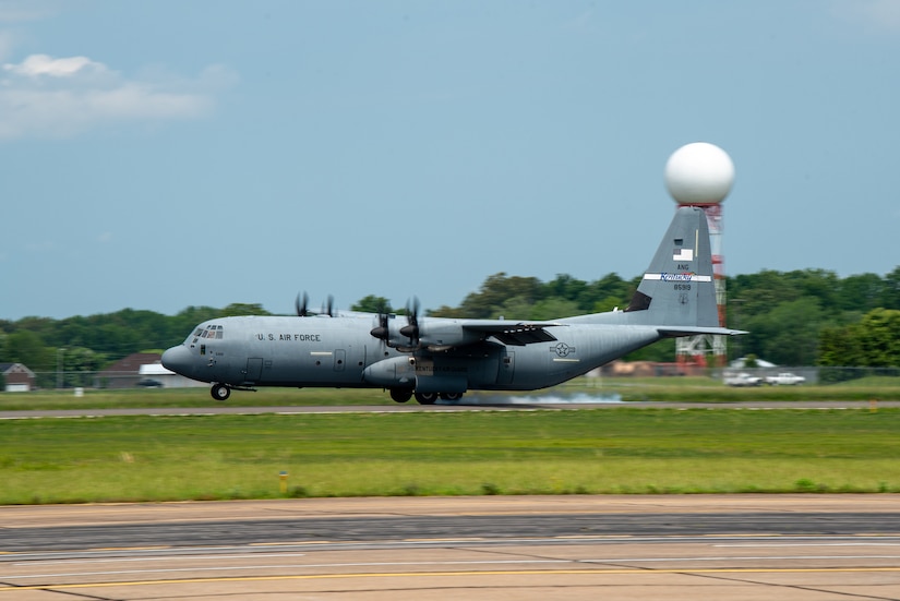 A Kentucky Air National Guard C-130J Super Hercules lands at Barkley Regional Airport in Paducah, Kentucky, May 14, 2025, in support of Exercise Grindstone, an earthquake-response scenario.