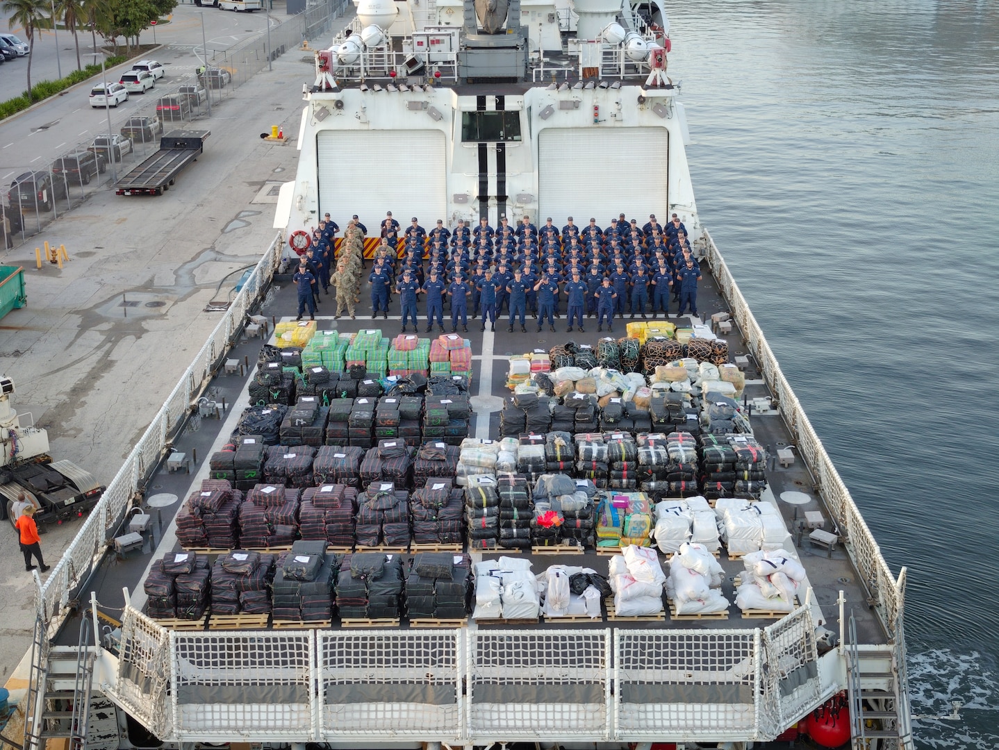 The U.S. Coast Guard Cutter Hamilton offloads more than 76,140 lbs of illicit narcotics at Port Everglades, Florida, on August 25, 2025. This is the largest cocaine offload to date in Coast Guard history, with the assistance of partner agencies, during counterdrug operations in the Eastern Pacific Ocean and Caribbean Sea. (U.S. Coast Guard courtesy photo)