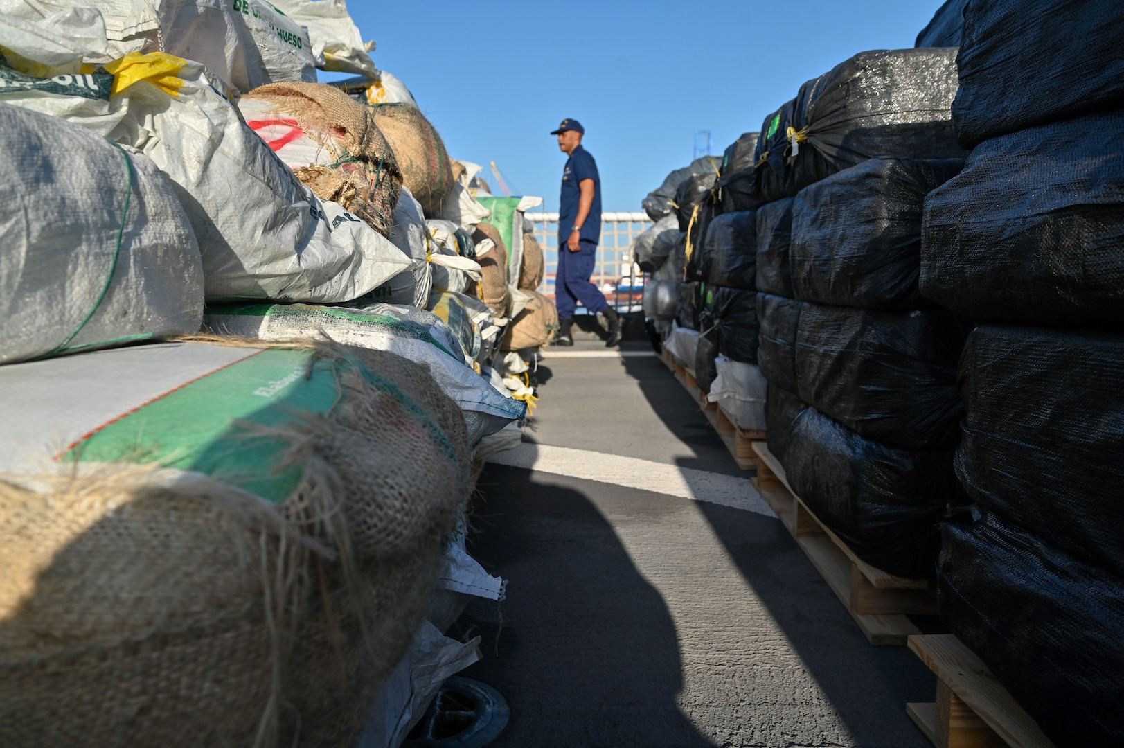 Pallets of drugs on the flight of the U.S. Coast Guard Cutter Hamilton (WMSL 753) at Port Everglades, Florida. This is the largest cocaine offload to date in Coast Guard history, with the assistance of partner agencies, during counterdrug operations in the Eastern Pacific Ocean and Caribbean Sea. (U.S. Coast Guard photo by Petty Officer 3rd Class Nicholas Strasburg)