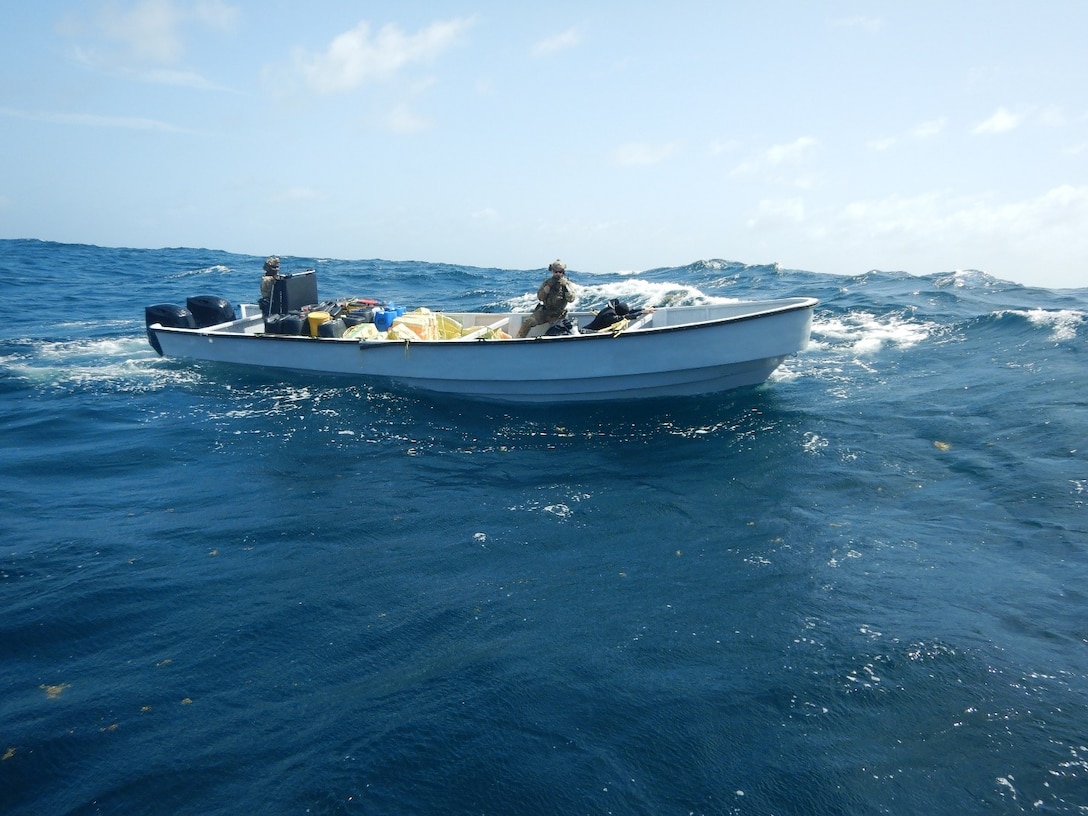 U.S. Coast Guard Law Enforcement Detachment 408 crew interdicts a suspicious vessel approximately 87 miles north of Bonaire, June 30, 2025. The crew of USS Cole (DDG 67) provided support during the interdiction, resulting in the seizure of approximately 2,425 pounds of cocaine. (U.S. Coast Guard photo)