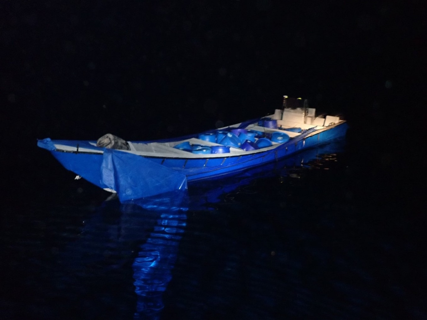 USS Minneapolis-Saint Paul (LCS 21) crew interdicts a suspicious go-fast vessel approximately 130 miles south of Jamaica, Aug. 18, 2025. The vessel was initially detected by a maritime patrol aircraft, and the interdiction resulted in the seizure of approximately 6,425 pounds of cocaine. (U.S. Coast Guard photo)