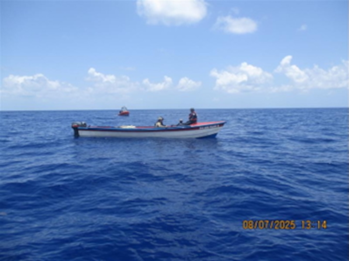 U.S. Coast Guard Cutter Diligence’s (WMEC 616) crew interdicts a suspicious go-fast vessel approximately 136 miles southwest of Negril, Jamaica, Aug. 7, 2025. The vessel was detected and boarded by Diligence’s crew, resulting in the seizure of 1,500 pounds of marijuana. (U.S. Coast Guard photo)
