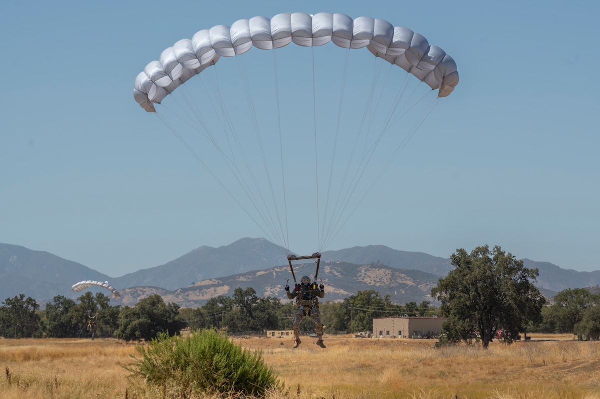 A pararescueman prepares to land
