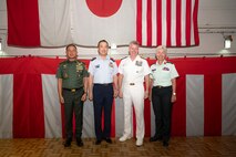 From left to right, Commander of the Indonesian National Armed Forces Gen. Agus Subiyanto, Japan Chief of Staff, Joint Staff Gen. Hiroaki Uchikura, Adm. Samuel J. Paparo, commander of U.S. Indo-Pacific Command, and Canadian Chief of Defense Staff Gen. Jennie Carignan, join together for a photo during a ceremony aboard the Japan Maritime Self Defense Force Amphibious Landing Ship JS Osumi (LST 4001) in Jakarta, Indonesia, Aug. 24, 2025.