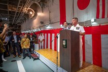 Adm. Samuel J. Paparo, commander of U.S. Indo-Pacific Command, speaks to media during a ceremony aboard the Japan Maritime Self Defense Force Amphibious Landing Ship JS Osumi (LST 4001) in Jakarta, Indonesia, Aug. 24, 2025.